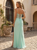 Chiffon Mermaid V Neck Spaghetti Straps Long Prom Dresses with Lace Appliques