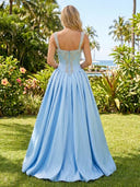 Satin A Line Sweetheart Spaghetti Straps Long Prom Dresses with Beads