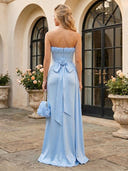 Satin Mermaid Strapless Long Prom Dresses with Lace