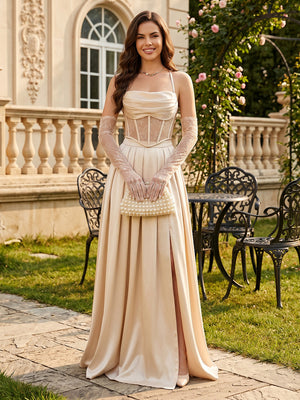 Satin A Line Spaghetti Straps Long Prom Dresses with Lace