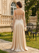 Satin A Line Spaghetti Straps Long Prom Dresses with Lace