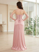 Satin Mermaid Strapless Lace Appliques Long Prom Dresses with Slit