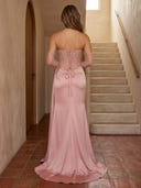 Satin Mermaid Strapless Long Sleeves Long Prom Dresses with Corset