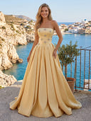 Satin A Line Strapless Long Prom Dresses with Beads