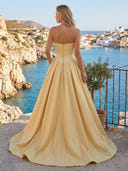 Satin A Line Strapless Long Prom Dresses with Beads