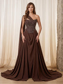 Chiffon A Line Strapless Long Prom Dresses with Pleated