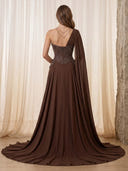 Chiffon A Line Strapless Long Prom Dresses with Pleated