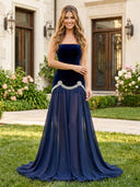 Velvet A Line Strapless Long Prom Dresses with Beads