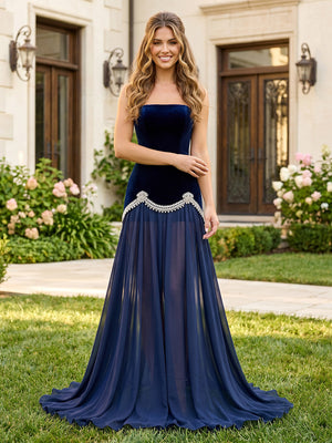 Velvet A Line Strapless Long Prom Dresses with Beads