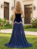 Velvet A Line Strapless Long Prom Dresses with Beads
