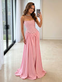 Satin A Line Strapless Long Prom Dresses with Beads