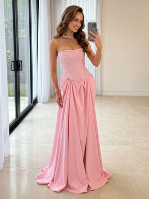 Satin A Line Strapless Long Prom Dresses with Beads
