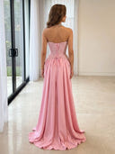 Satin A Line Strapless Long Prom Dresses with Beads