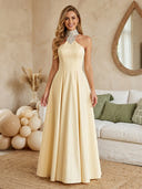 Satin A Line Halter Long Prom Dresses with Beads