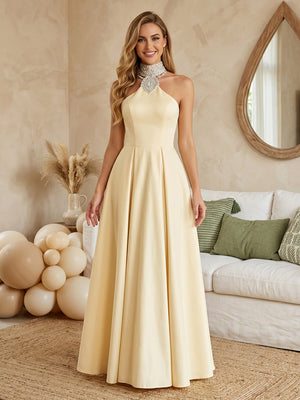 Satin A Line Halter Long Prom Dresses with Beads