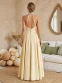 Satin A Line Halter Long Prom Dresses with Beads