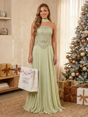 Chiffon A Line Strapless Long Prom Dresses with Pleated