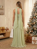 Chiffon A Line Strapless Long Prom Dresses with Pleated