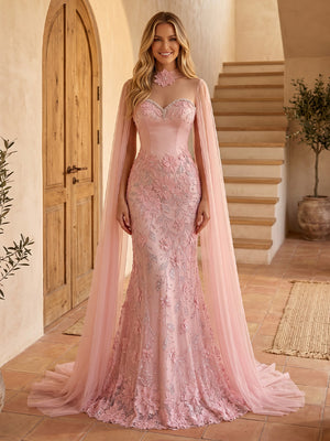 Lace Appliques Mermaid Sweetheart Long Prom Dresses with Pleated