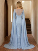 Lace Mermaid Round Neck Long Prom Dresses with Pleated