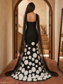 Satin Mermaid Strapless Long Prom Dresses with 3D Flower