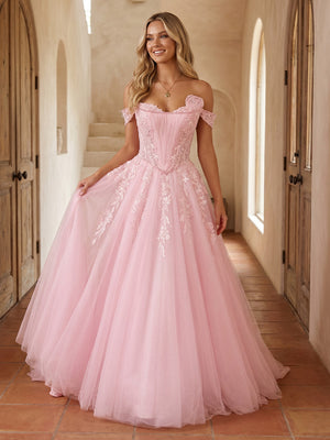 Tulle A Line Off Shoulder Long Prom Dresses with Lace