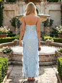 Sequin Mermaid Square Neck Spaghetti Straps Long Prom Dresses with Ruffles