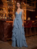 Chiffon A Line V Neck Spaghetti Straps Long Prom Dresses with Ruffles