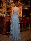 Chiffon A Line V Neck Spaghetti Straps Long Prom Dresses with Ruffles