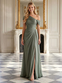 Chiffon Mermaid One Shoulder Long Prom Dresses with Slit