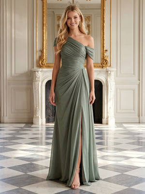 Chiffon Mermaid One Shoulder Long Prom Dresses with Slit