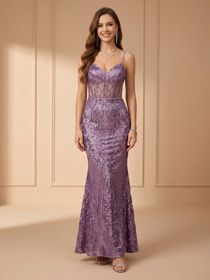 Sequin Mermaid V Neck Spaghetti Straps Long Prom Dresses