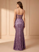 Sequin Mermaid V Neck Spaghetti Straps Long Prom Dresses
