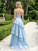 Satin A Line Square Neck Spaghetti Straps Long Prom Dresses with Tiered