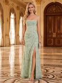 Jacquard Mermaid Square Neck Spaghetti Straps Long Prom Dresses with Slit