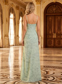 Jacquard Mermaid Square Neck Spaghetti Straps Long Prom Dresses with Slit