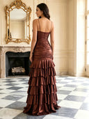 Metallic Satin Mermaid V Neck Spaghetti Straps Long Prom Dresses with Slit