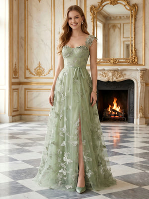 Tulle A Line Square Neck Spaghetti Straps Long Prom Dresses with Embroidery