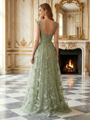 Tulle A Line Square Neck Spaghetti Straps Long Prom Dresses with Embroidery