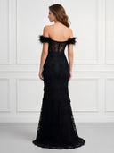 Sequin Mermaid Off Shoulder Long Prom Dresses with Feather