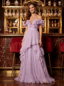Chiffon A Line V Neck Off Shoulder Long Prom Dresses with Ruffles