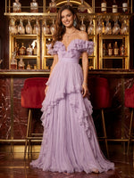 Chiffon A Line V Neck Off Shoulder Long Prom Dresses with Ruffles