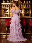 Chiffon A Line V Neck Off Shoulder Long Prom Dresses with Ruffles