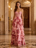 Chiffon A Line Sweetheart Strapless Long Prom Dresses with Lace