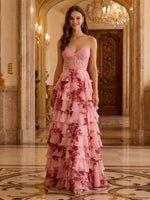 Chiffon A Line Sweetheart Strapless Long Prom Dresses with Lace