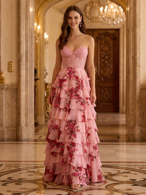 Chiffon A Line Sweetheart Strapless Long Prom Dresses with Lace