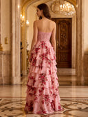 Chiffon A Line Sweetheart Strapless Long Prom Dresses with Lace