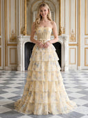 Chiffon A Line Strapless Corset Long Prom Dresses with Jacquard