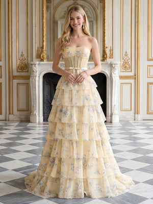 Chiffon A Line Strapless Corset Long Prom Dresses with Jacquard