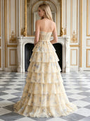 Chiffon A Line Strapless Corset Long Prom Dresses with Jacquard